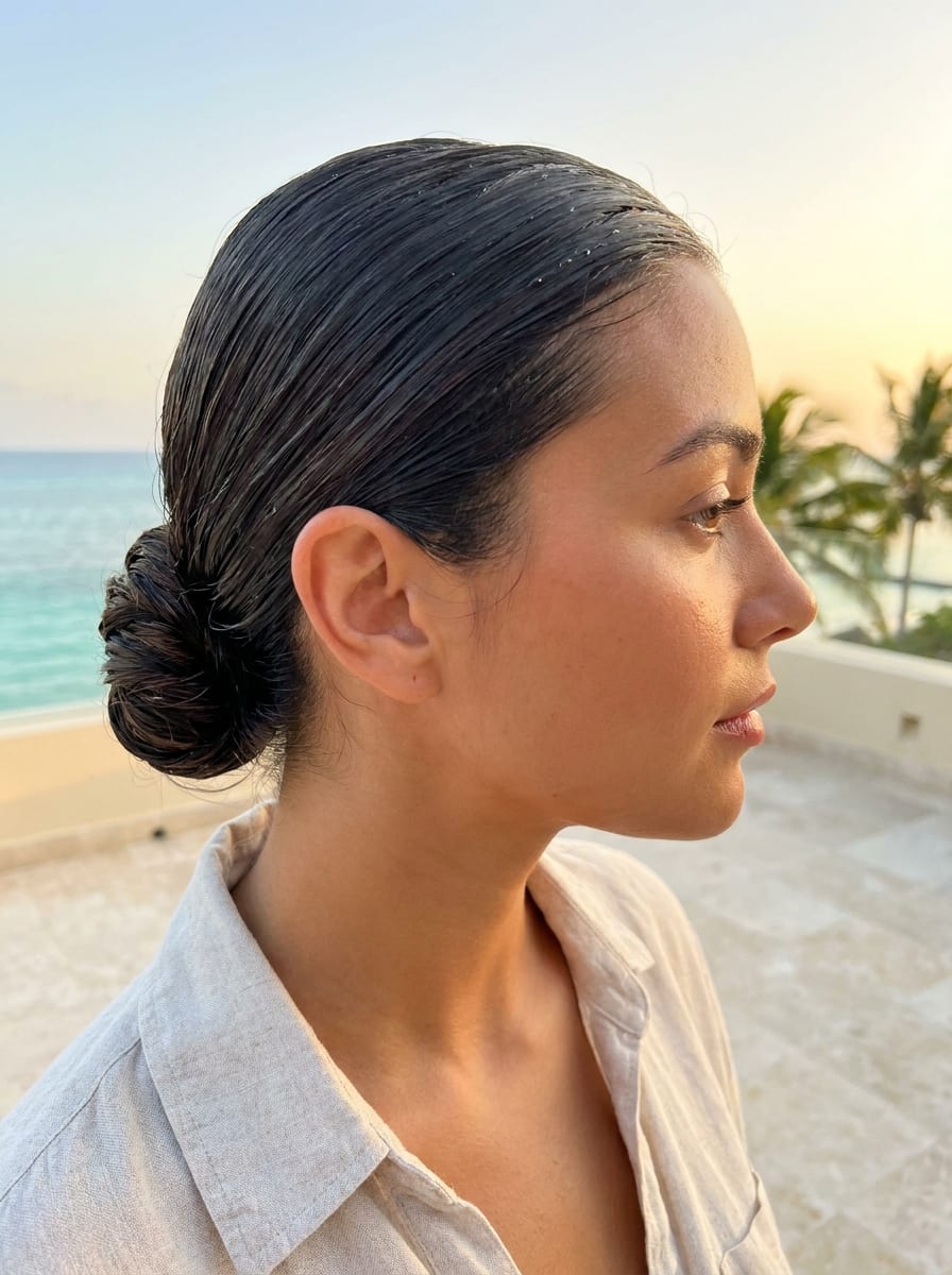 Wet-Look Bun für Pool oder Strand - einfache Urlaubsfrisur